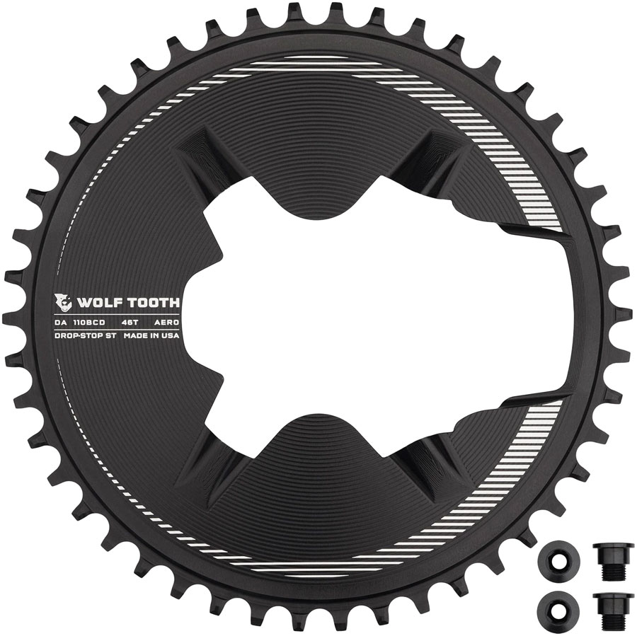 Wolf Tooth Aero Direct Mount 1x Chainring - 46t 4-Bolt Drop-Stop ST Compatible Shimano Dura-Ace R9200/R9200-P Only BLK