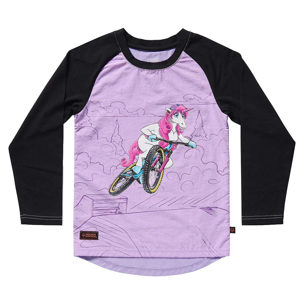 Kids Ride Shotgun Windproof Kids MTB Jersey Unicorn YXS Pink & Black