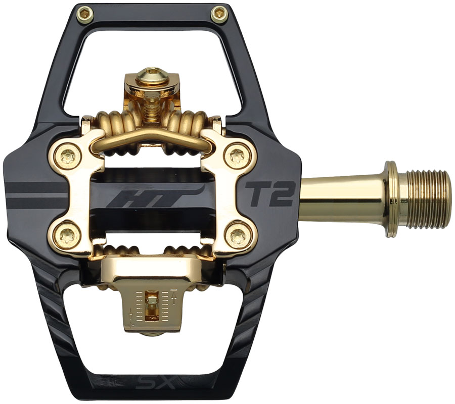 HT Components T2-SX Pedals - Dual Sided Clipless Platform Aluminum 9/16" BLK/Gold HT Components T2-SX Pedals - Dual Sided Clipless Platform Aluminum 9/16" BLK/Gold