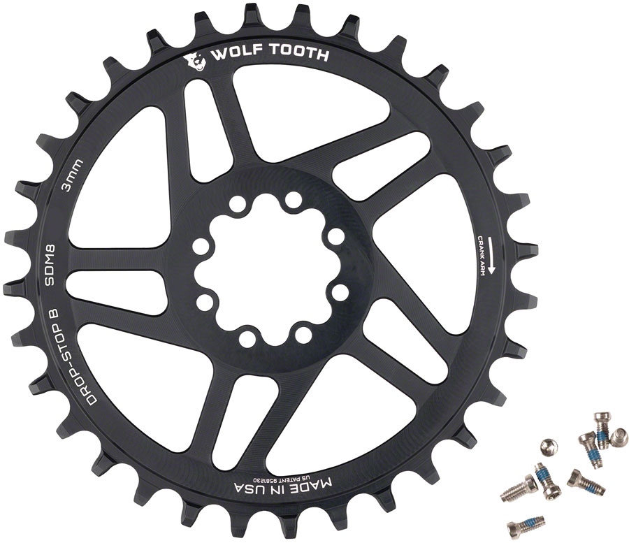 Wolf Tooth Direct Mount Chainring - 34t SRAM Direct Mount Drop-Stop B For SRAM 8-Bolt Cranksets 3mm Offset BLK