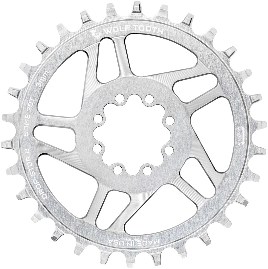 Wolf Tooth Direct Mount Chainring - 30t SRAM Direct Mount Drop-Stop B For SRAM 8-Bolt Cranksets 3mm Offset Raw Silver