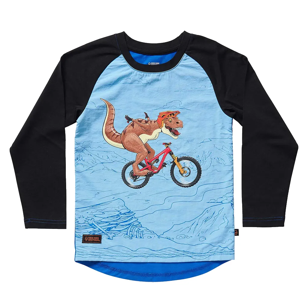 Kids Ride Shotgun Windproof Kids MTB Jersey Dino YXS Black & Blue