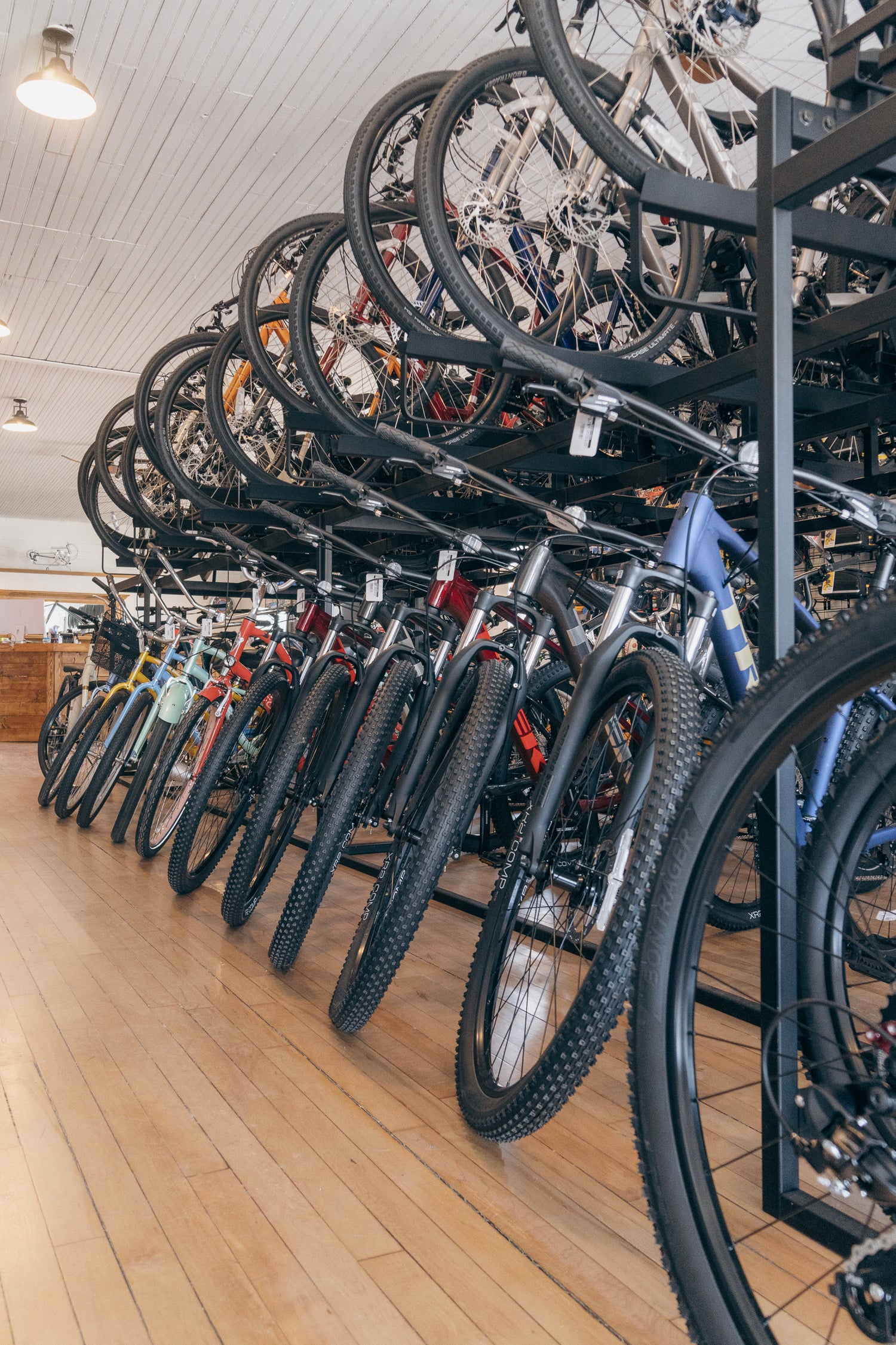 Row of bicycles on a rack in a store with wooden flooring.