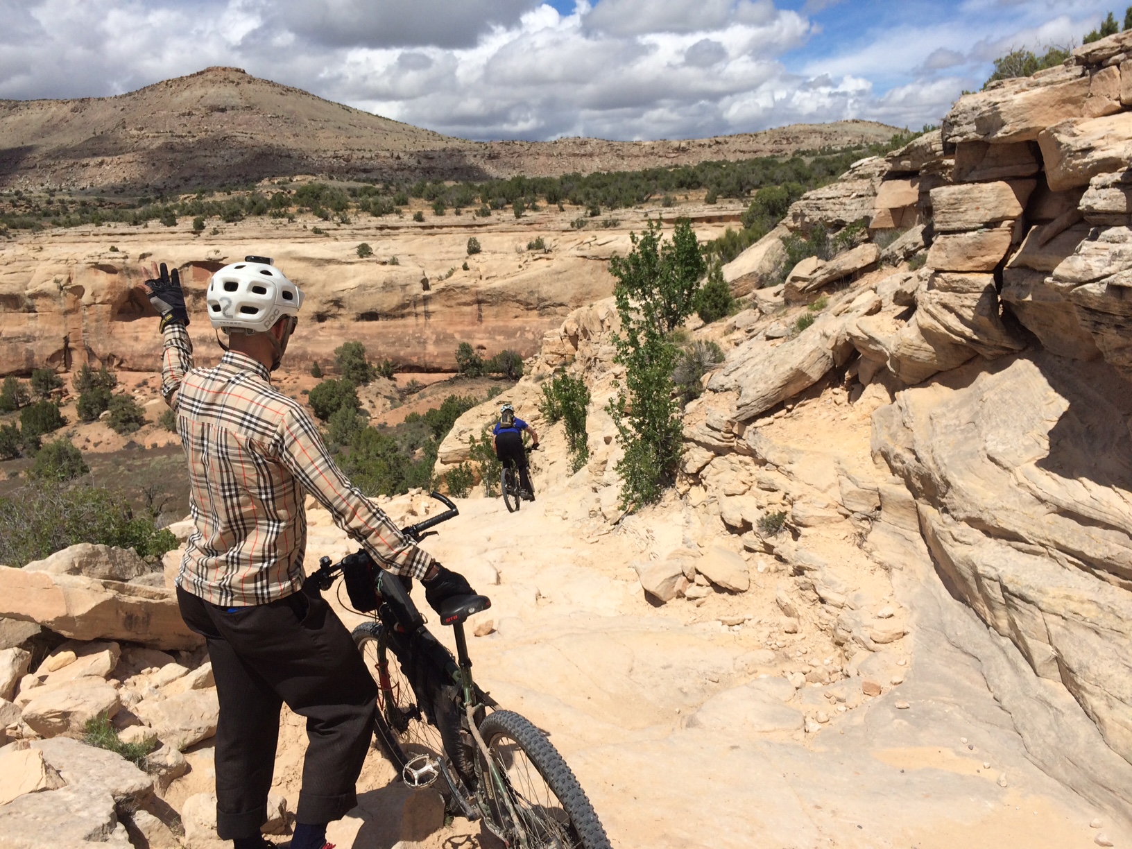 Seth catches an invisible frisbee while Dan destroys Horsetheif Bench.