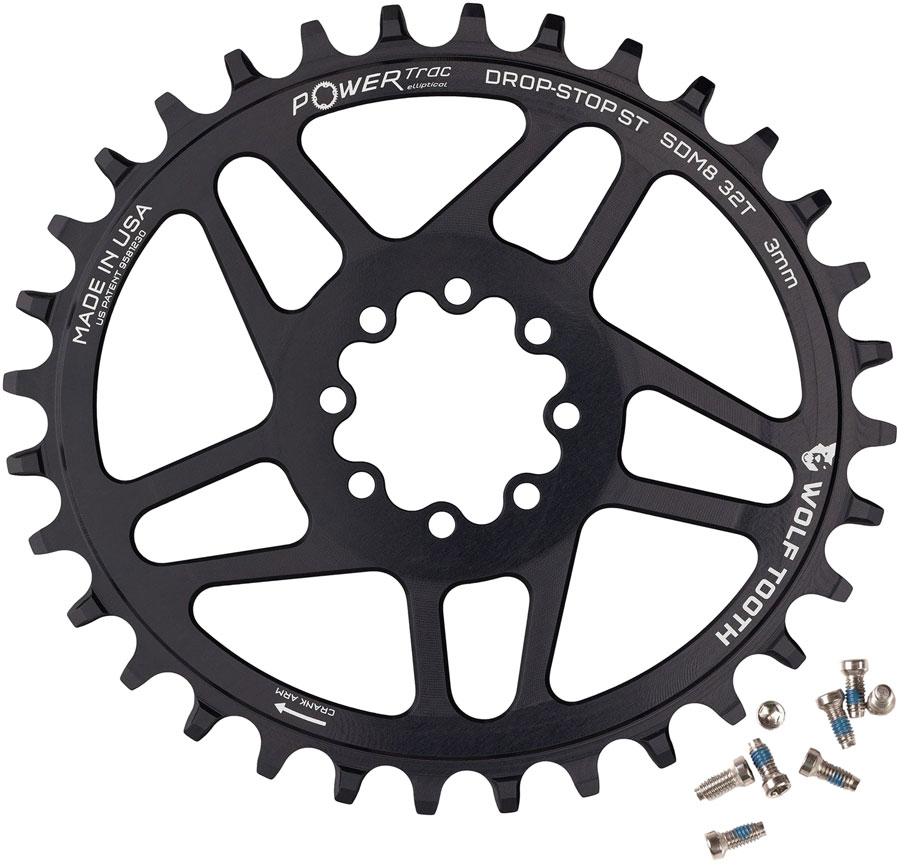 Wolf Tooth Elliptical Direct Mount Chainring - 32t SRAM 8-Bolt DM 3mm Offset Drop-Stop ST Requires HG+ Chain BLK