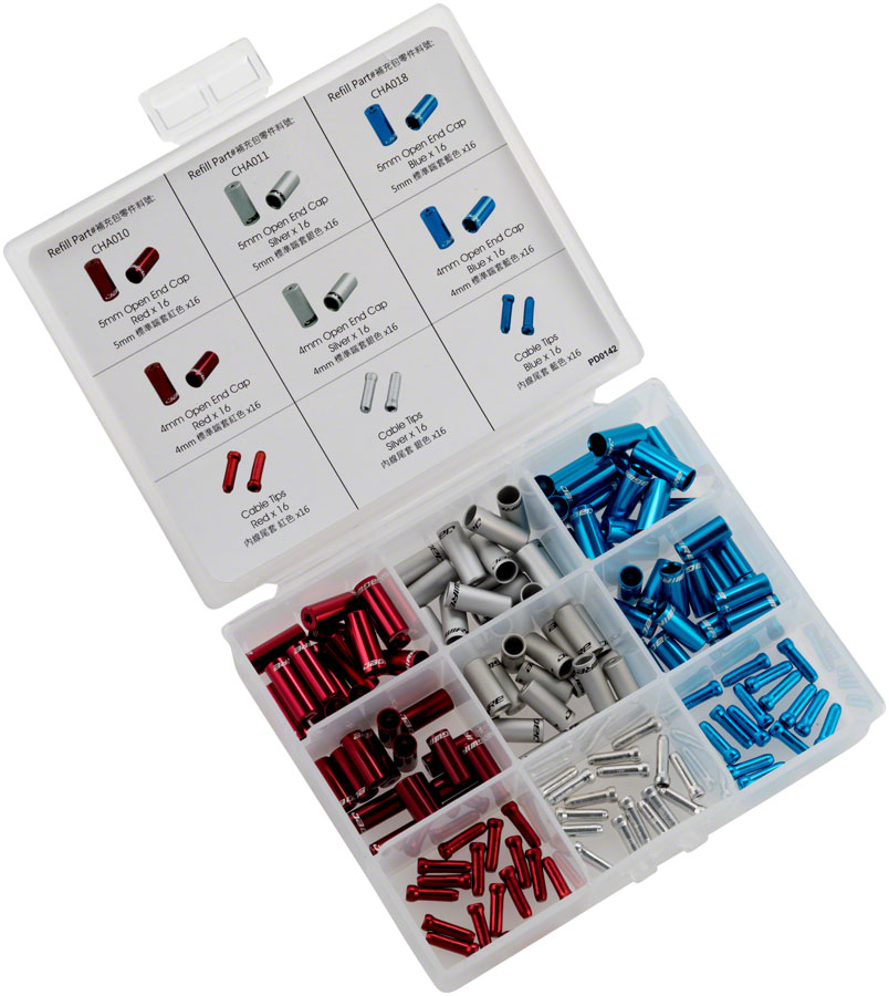 Jagwire Housing End Cap Combo Kit Red / Silver / Blue Alloy Jagwire Housing End Cap Combo Kit Red / Silver / Blue Alloy